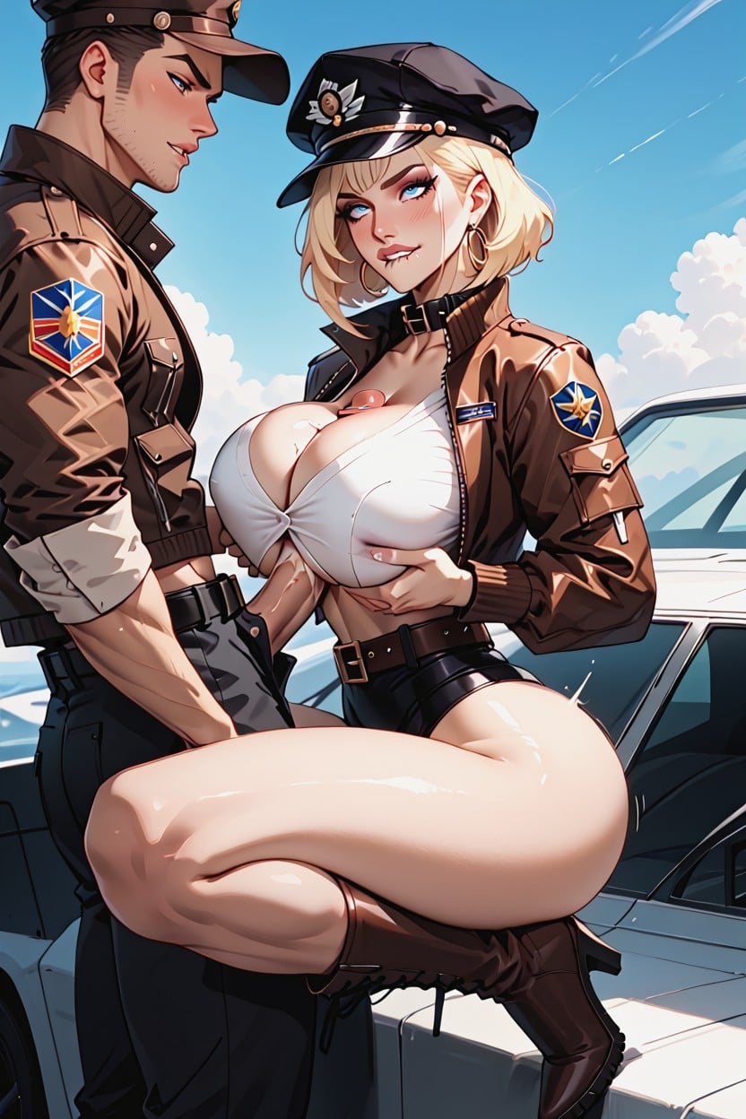Bimbo Pinup Style, Leather Pilot Bomber Cap, Rounded Breasts Hentai AI Porn