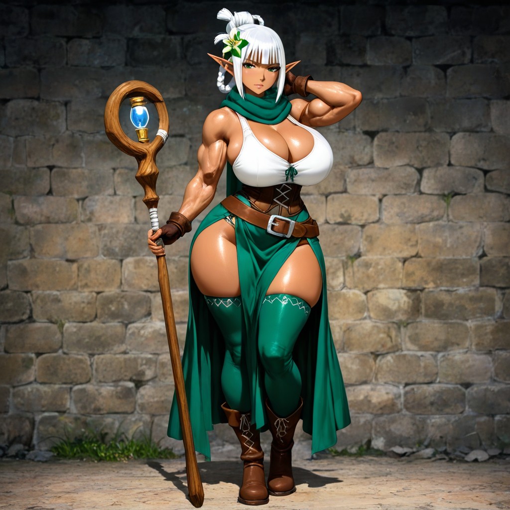 Large Ass, Green And White Medieval Knee Length Skirt Open At The Thigh On The Right Leg, Dark Elf Female Hentai AI Porn