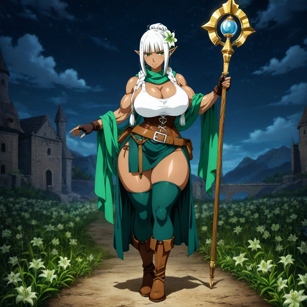 Large Breast, Green Lily Flower Pinned In The Hair In Front Of The Right Ear, Hair Hairbun Blue Hentai AI Porn