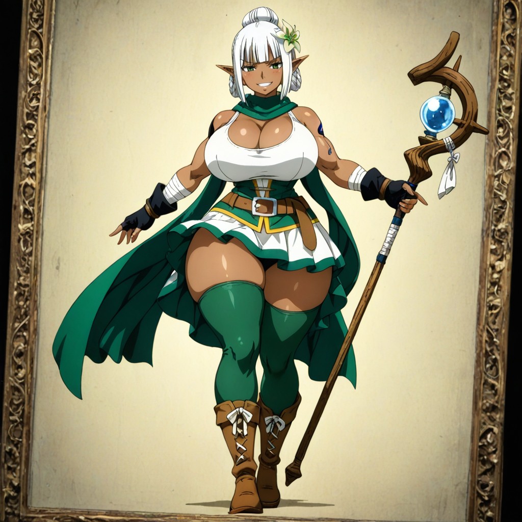 Large Breast, Appearance Of A Magic User With Magical Ornaments, Green Lily Flower Hair Ornament Hentai AI Porn