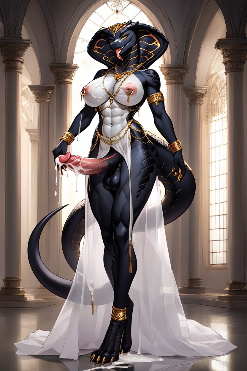 Cumshot, Cobra Pendant Necklace, Body Is Highlighted By Soft Shadows In A Dimly Lit Room Furry AI Porn