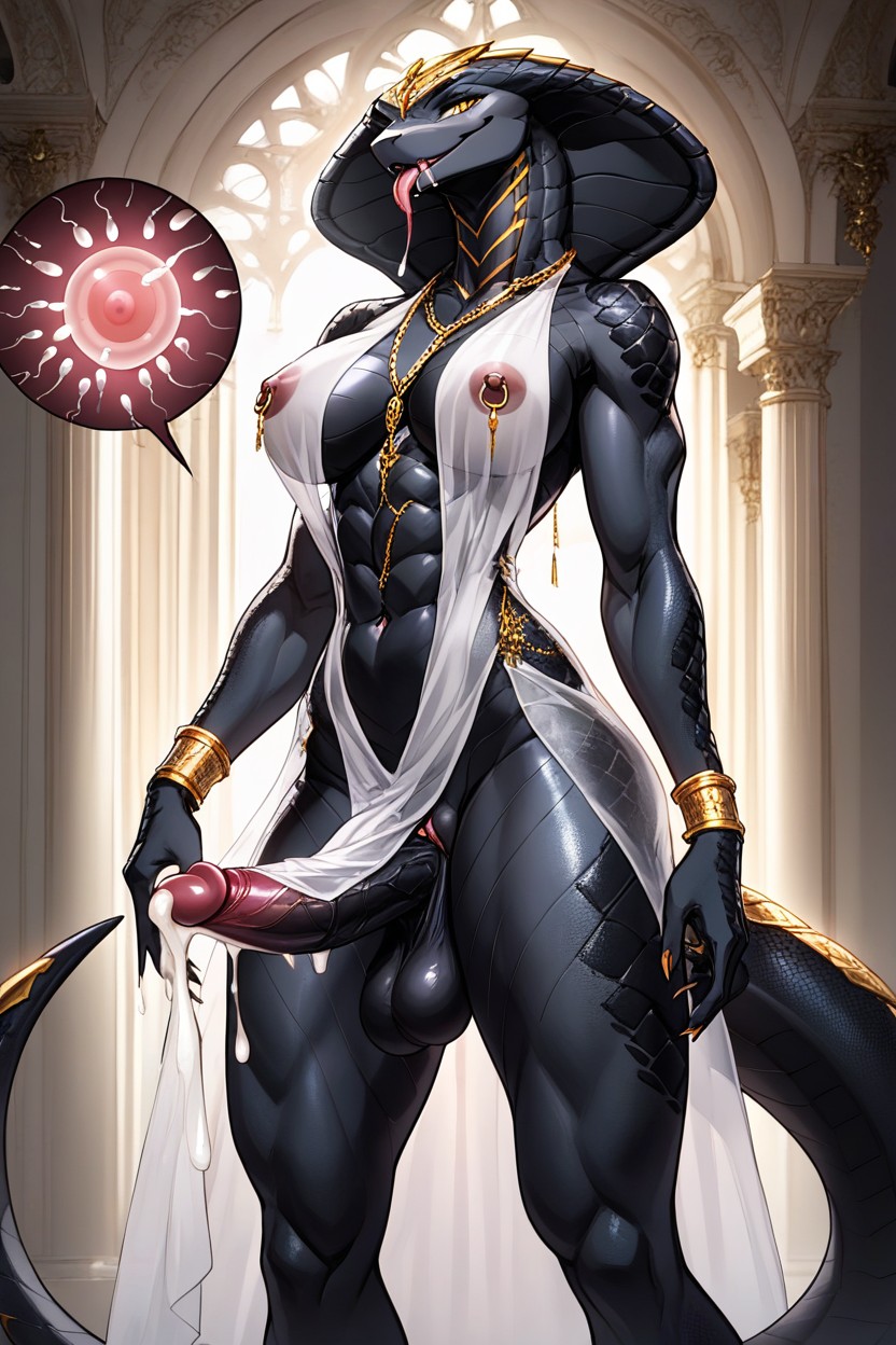 Tongue Out, Piercings Gold Studs On Hood, Cobra Hood Whit Gold Filigree Furry AI Porn