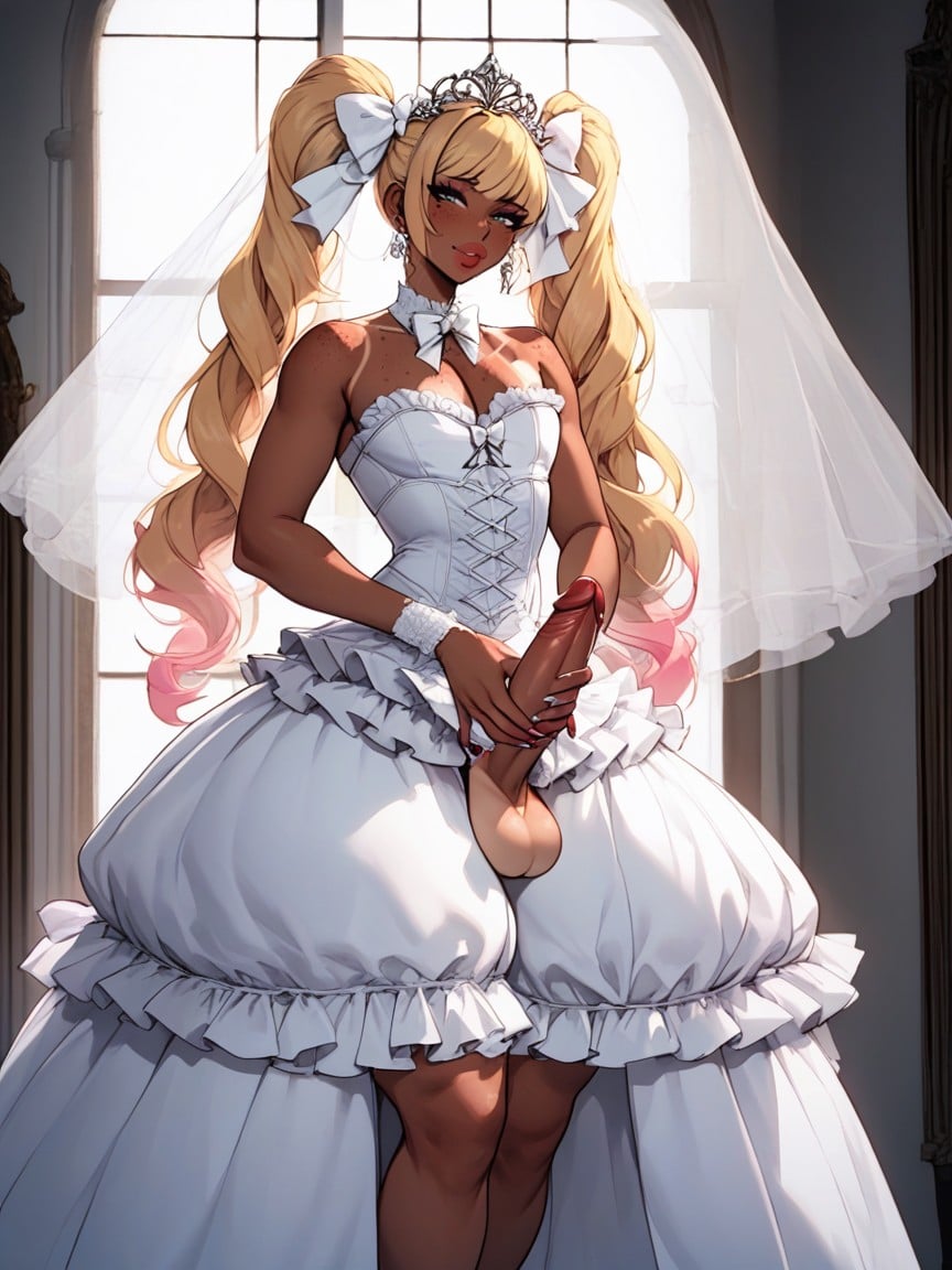 Blonde Nude, Multiple Petticoats, Flowing High Twintails Shemale AI Porn