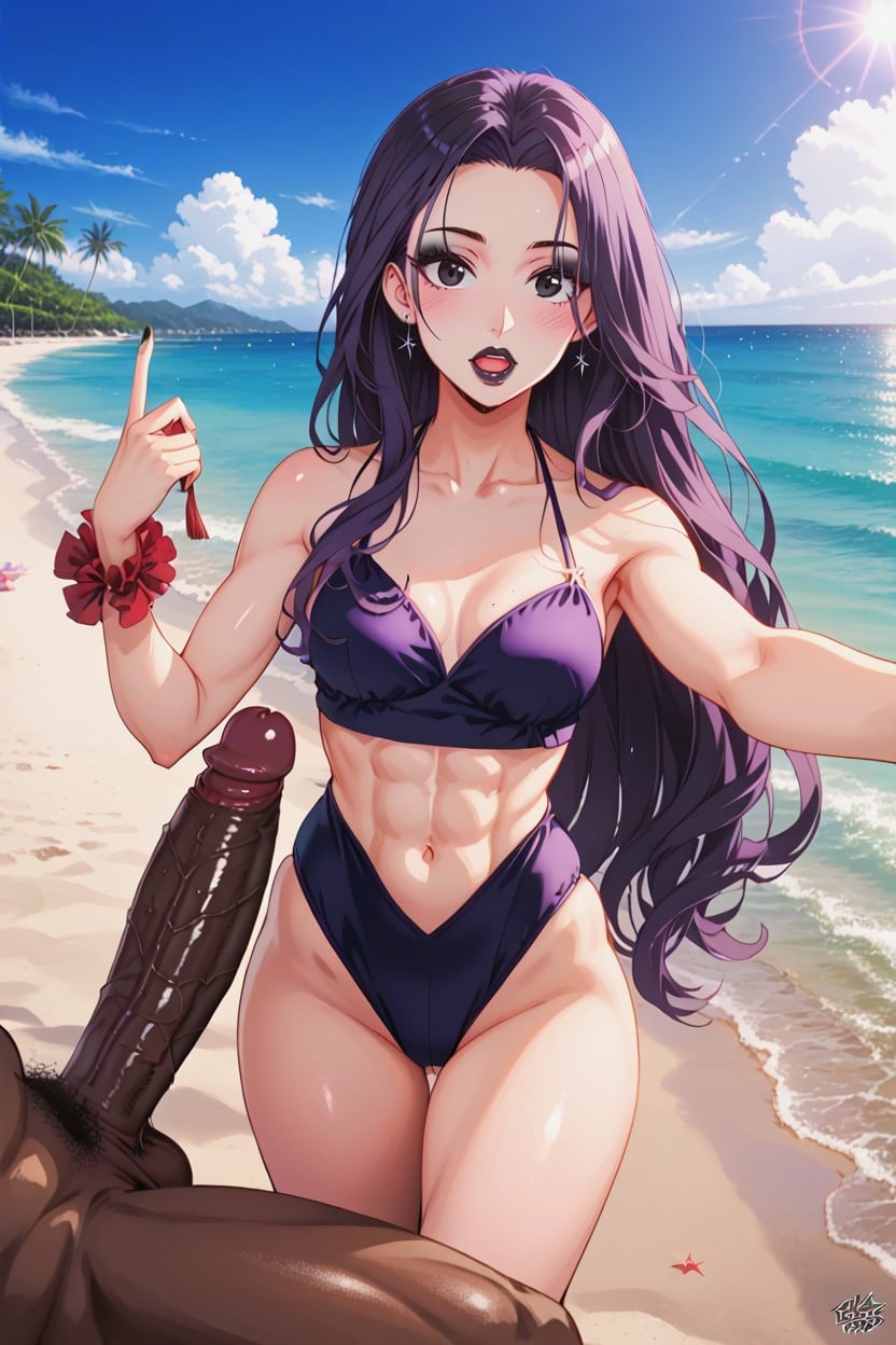 Dark Purpletospoil Hair, Long Length, Dark Violet Swimsuit AI Porn