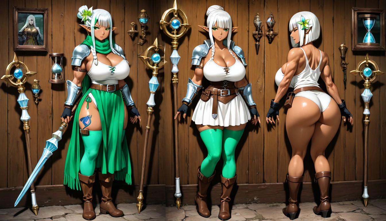 Open Legs, White Tank Top Leaving The Arms Uncovered Closed With A Discreet Cleavage On The Breasts, Armor On The Right Arm Hentai AI Porn