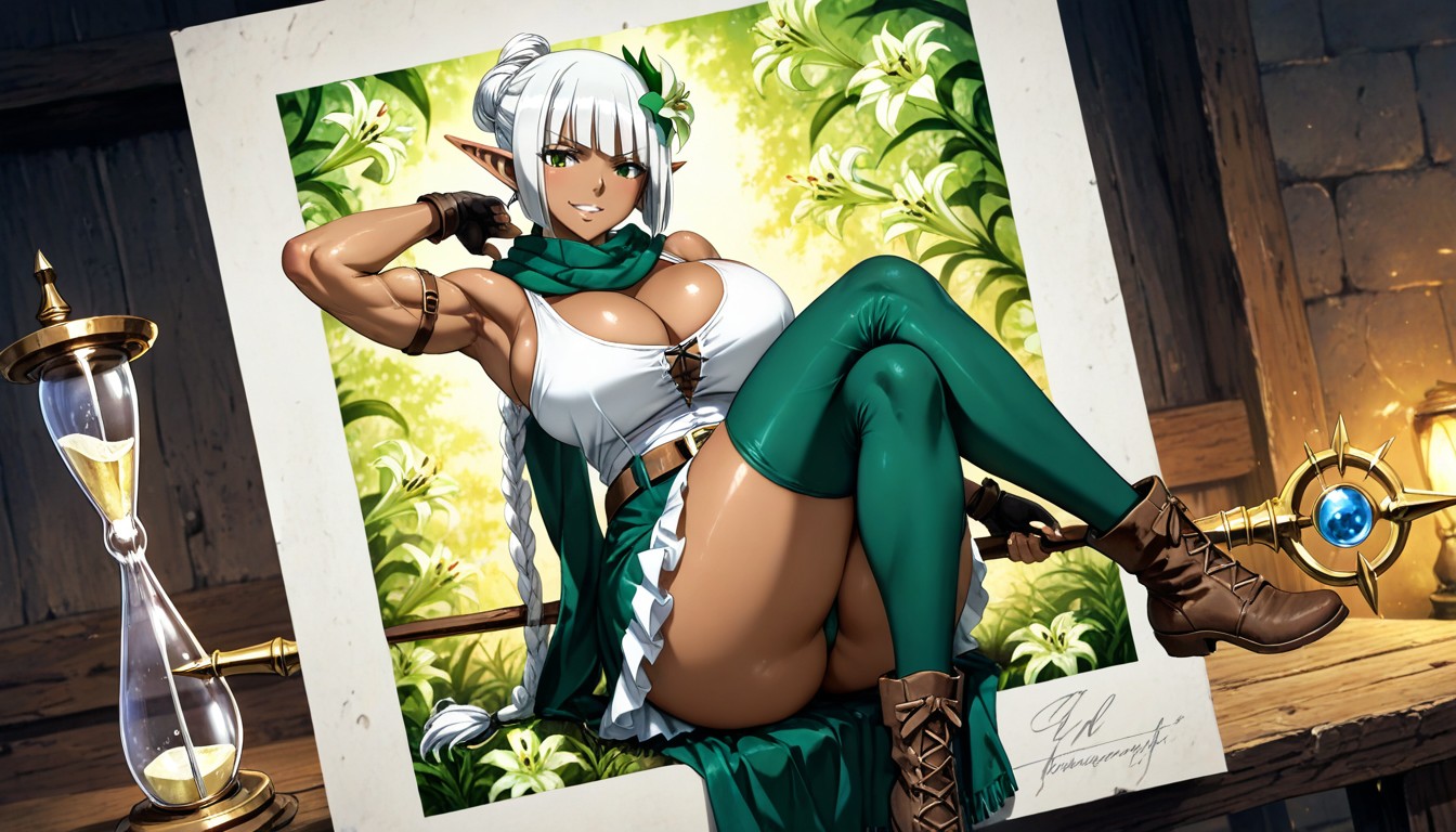 Waist Shot, Green And White Medieval Knee Length Skirt Open At The Thigh On The Right Leg, Sitting With Legs Crossed Hentai AI Porn