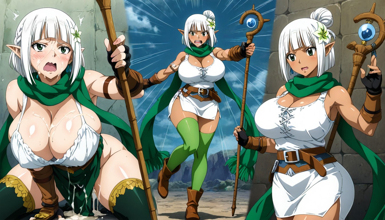 Armor On The Right Arm, Hair With Four Colors, White Tank Top Leaving The Arms Uncovered Closed With A Discreet Cleavage On The Breasts Hentai AI Porn
