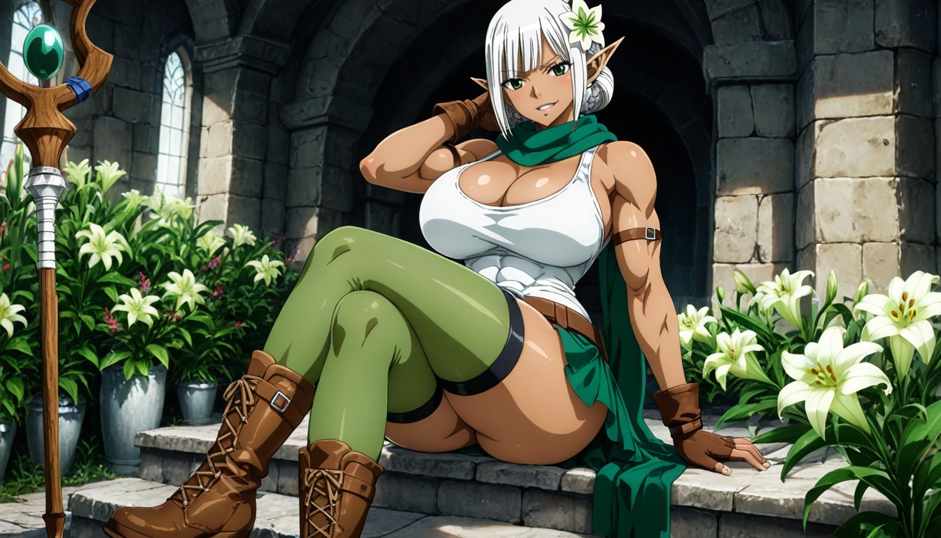 Fingerless Gloves Up To The Middle Of The Biceps, Large Breast, Green Eyes Hentai AI Porn