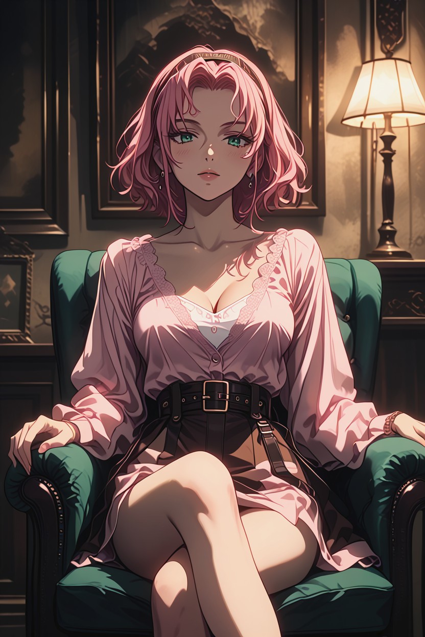 Oversized Pink Button-down Shirt, With One Leg Crossed Over The Other, Captured In A Candid Moment Hentai AI Porn