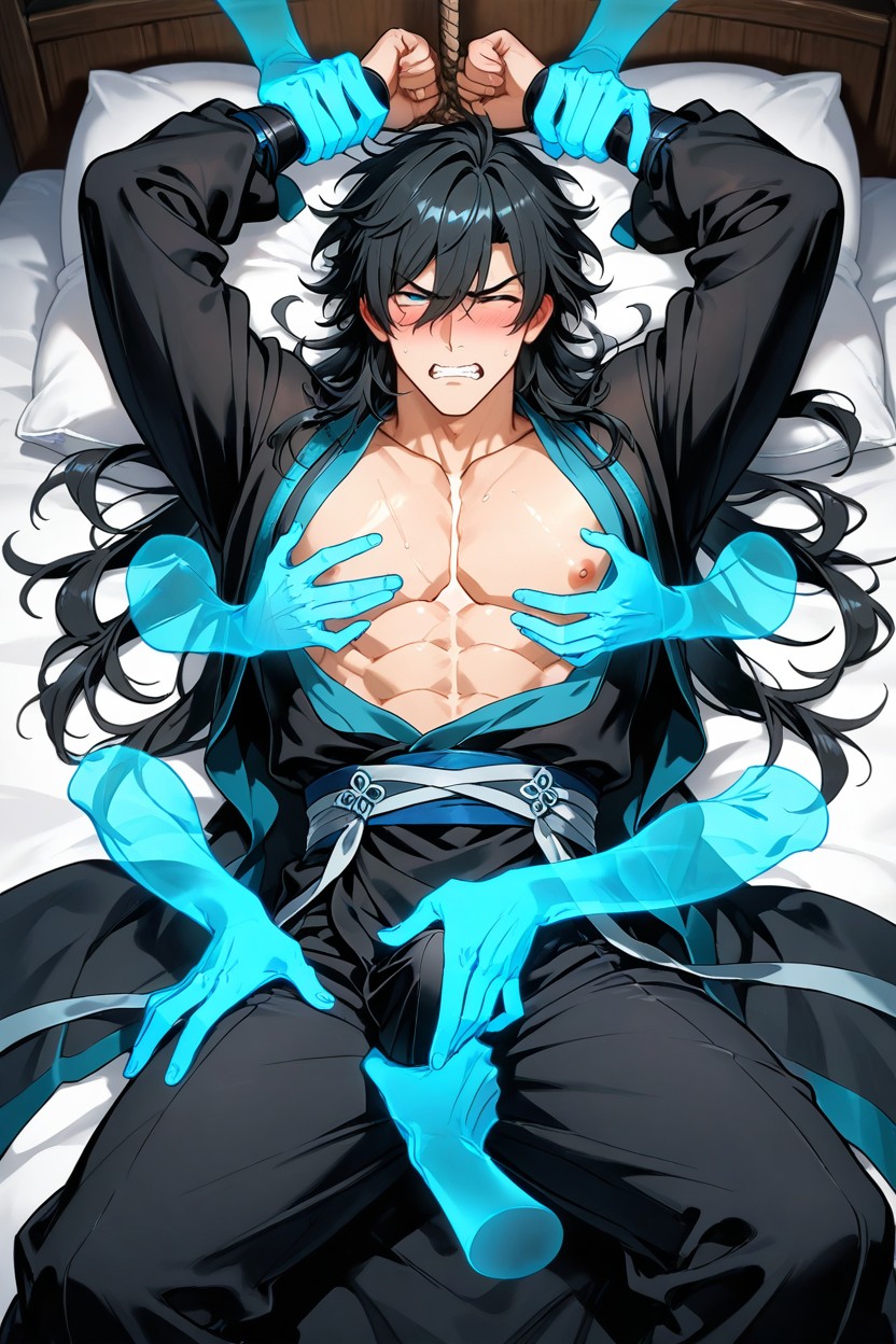 In Ancient Room, He Have Fit Body, Black Long Hanfu Porno gay IA