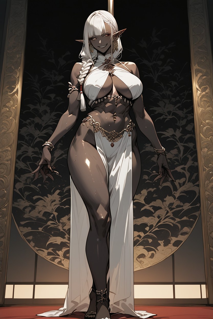 Dark Elves, Open Eyes, White Belly Dancer Outfit Hentai AI Porn