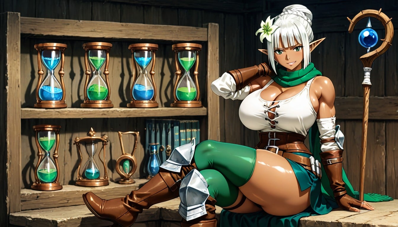Green Eyes, White Braids In Front Of Ears, Hourglass Hentai AI Porn