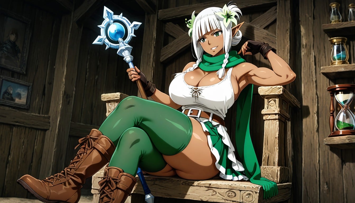 White Hair, Long And Thick Green Scarf Covering The Neck, Green Stockings From Mid Thigh Only On The Right Leg To The Foot Hentai AI Porn