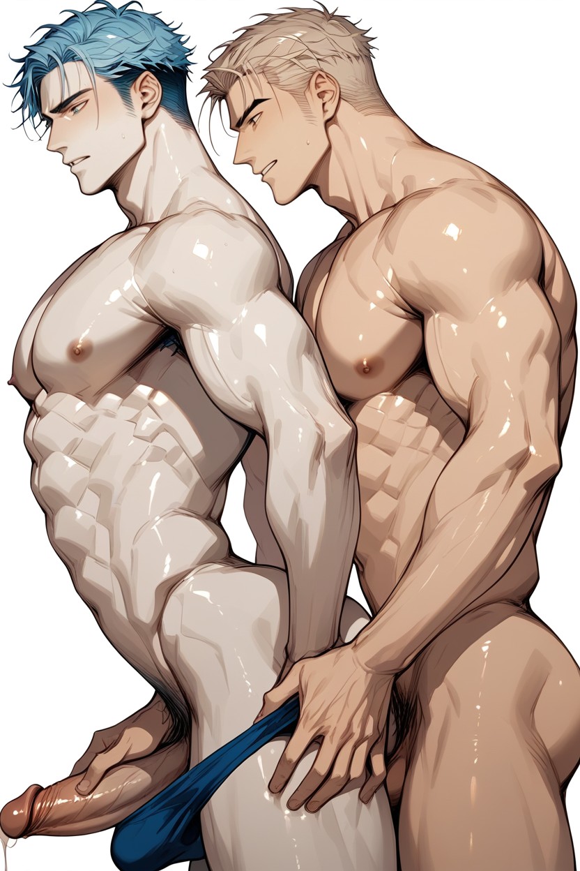 Jerking His Penis, Masculine Face, Side View AI Gay Porn