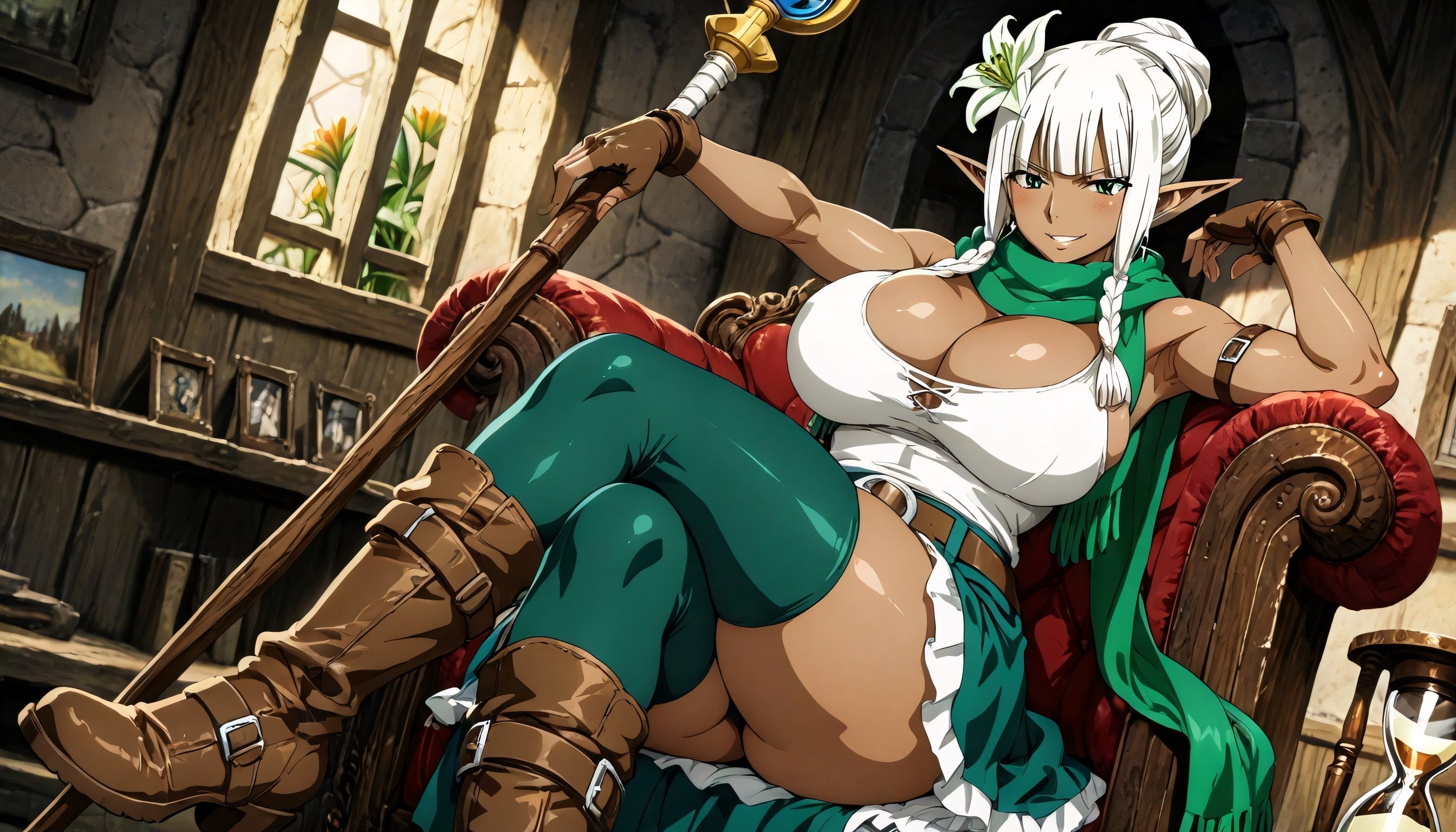 Hair Hairbun Blue, One Green Lily Flower Hair Ornament, Dark Elf Female Hentai AI Porn