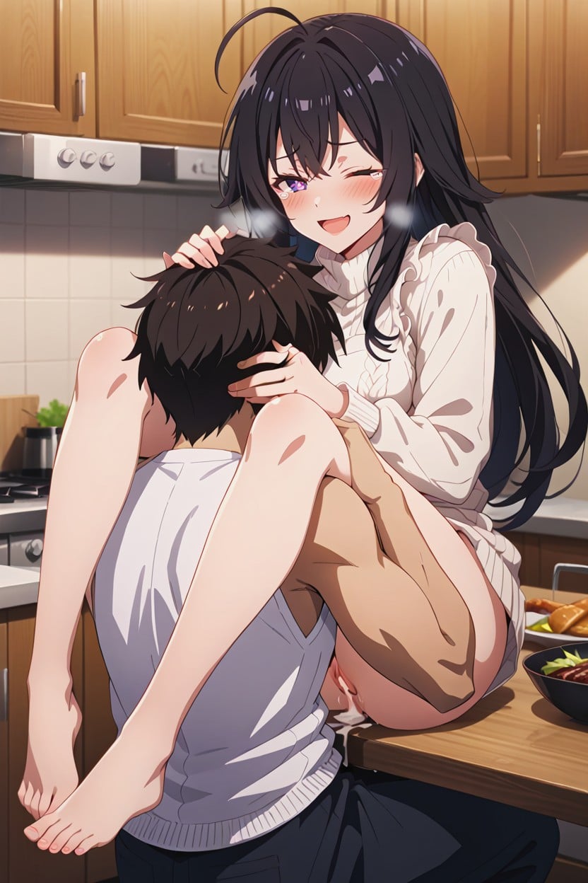 Mouth Open, Kitchen, Hand On His Head Hentai AI Porn