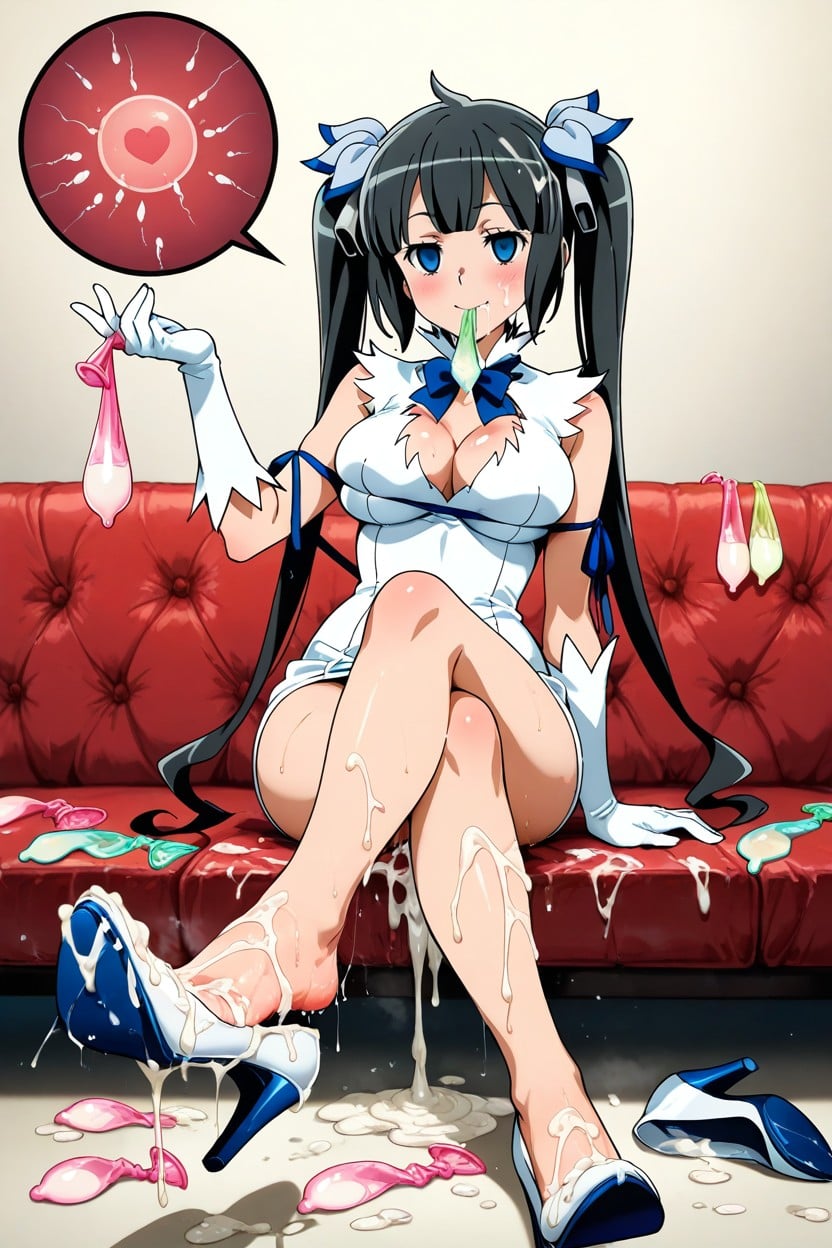 Footjob, Cum On Face, Holding Many Used Condom In Mouth Hentai AI Porn
