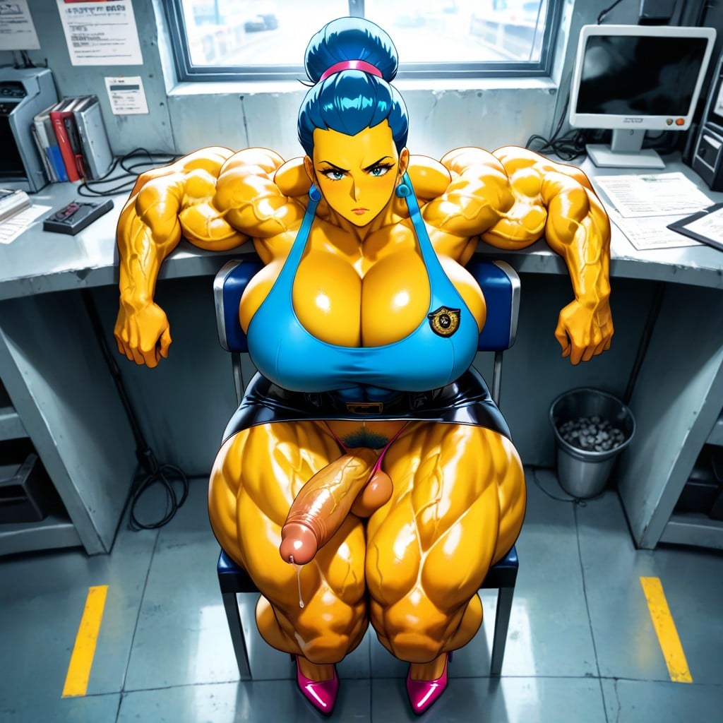 Muscular Breasts, Blue Hair-bun, Pubic Hair Hentai AI Porn