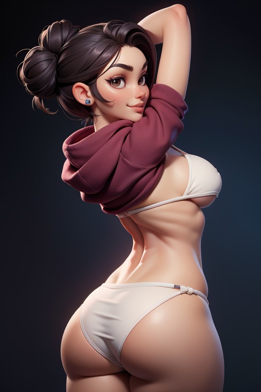 Burgundy Colored Hoodie, Large Breasts, White Slingshot Bikini Bottoms Hentai AI Porn