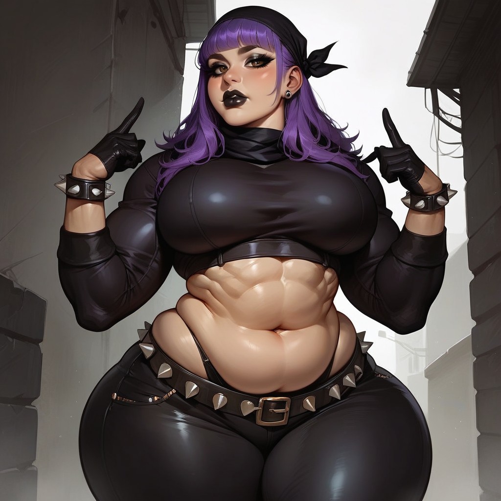 Brown Eyes, Black Blouse Showing Belly, Purple Bangs AI Porn