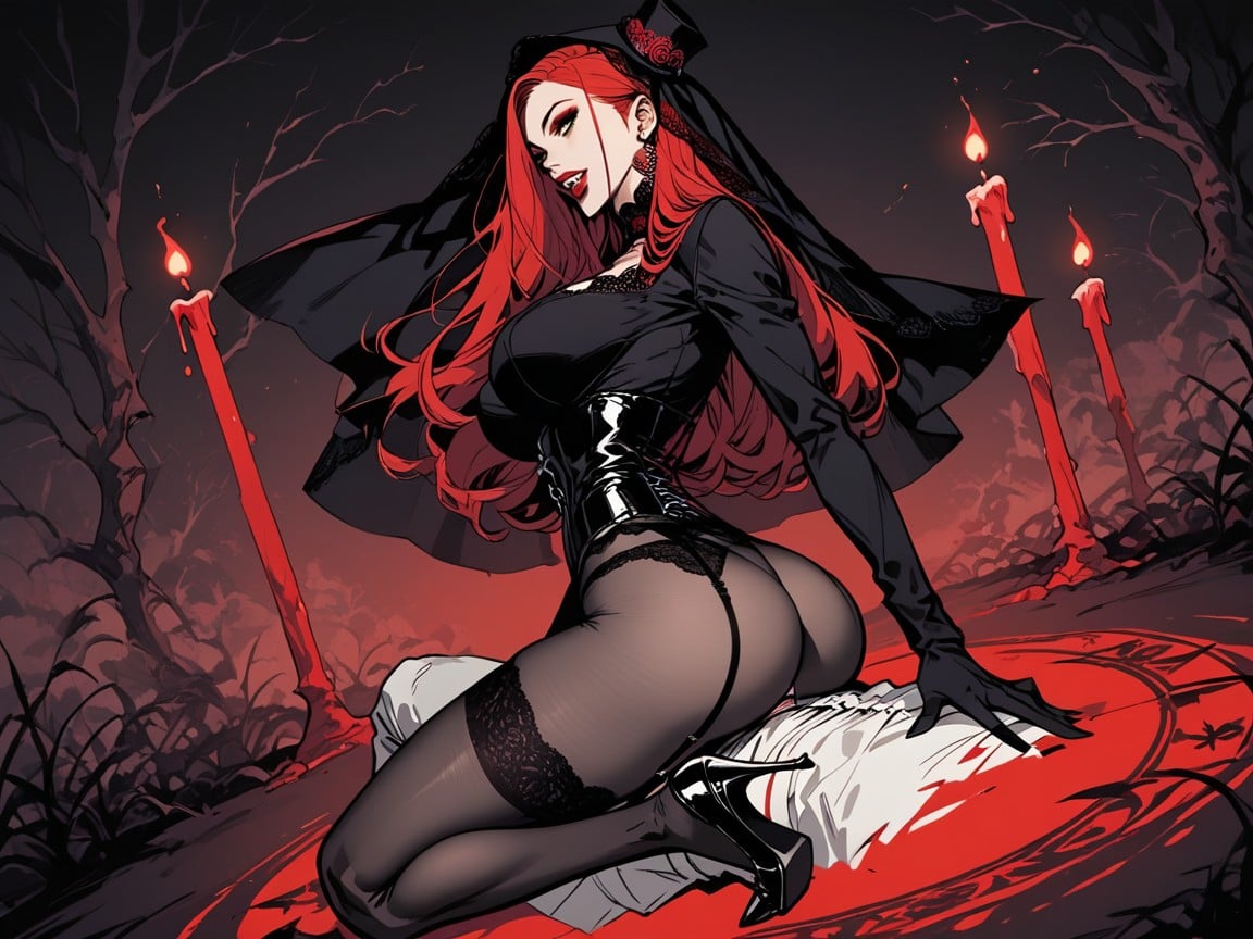 Beautiful Widow Dress, Busty Lips In Pink Red Lipstick, She Is Showing Her Vampire Teeth AI Porn