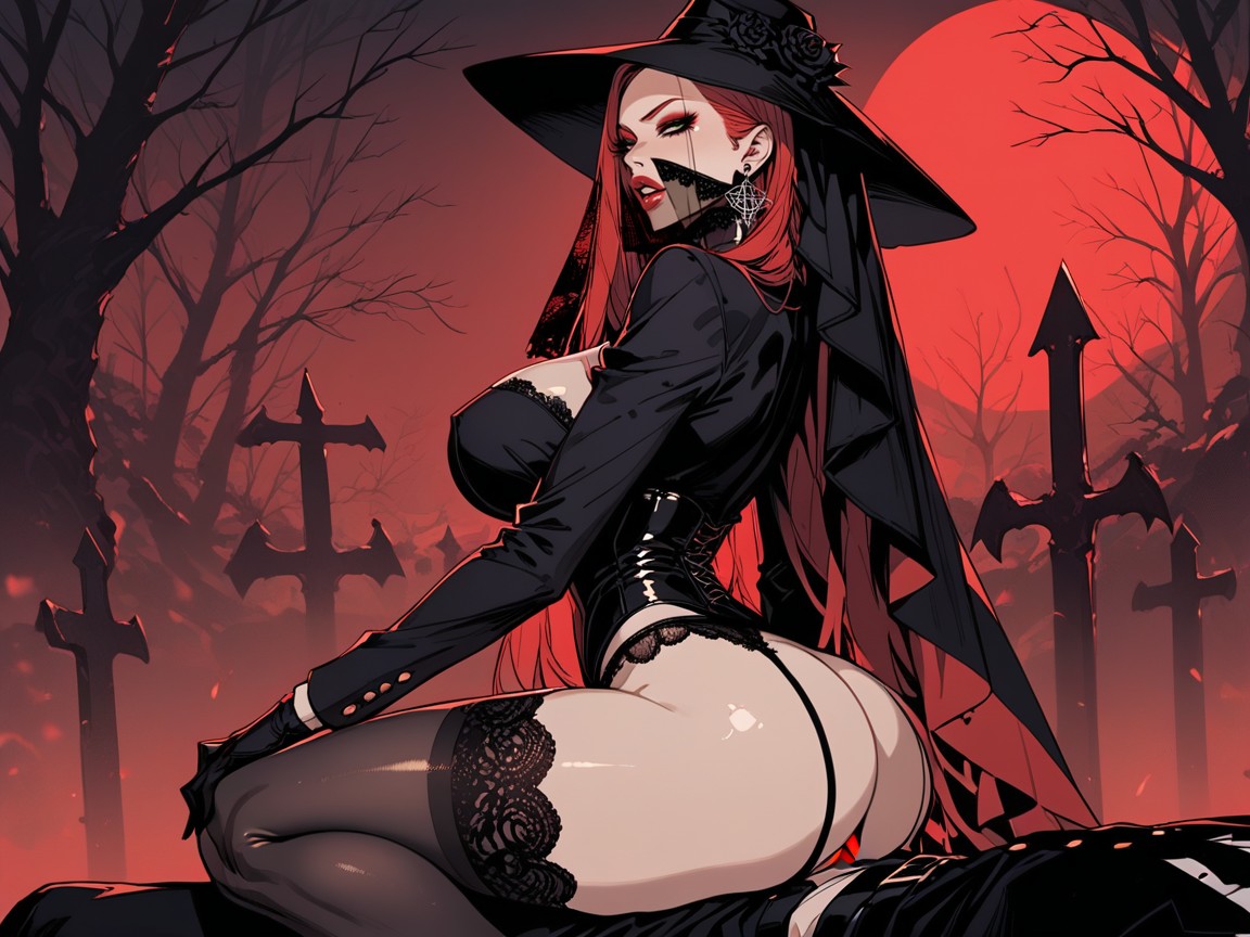 Beautiful Widow Dress, Black Lace Stockings, Black Garter Belt AI Porn