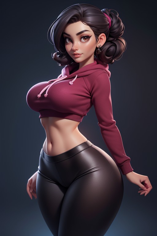 Tan Skin, Spandex Pants Are Burgundy, Burgundy Colored Hoodie Hentai AI Porn