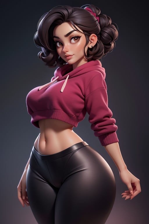 Massive Ass, Deep Black Hair Is Fully Tied Up, Wearing A Burgundy Hoodie And Burgundy Spandex Tights Hentai AI Porn