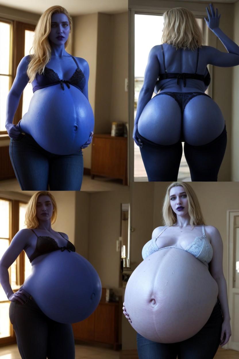 Blue Skin Like Violet Beauregard, Woman Expression With Mouth Open, Blue Skin Everywhere Even Cleavage AI Porn