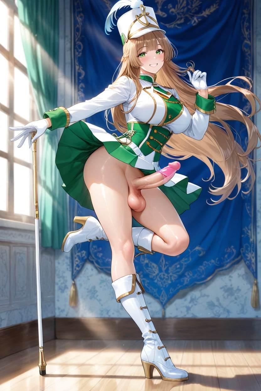 Perfect Skin, Standing, Decorative Green Collar With Gold Line Edge Hentai AI Porn