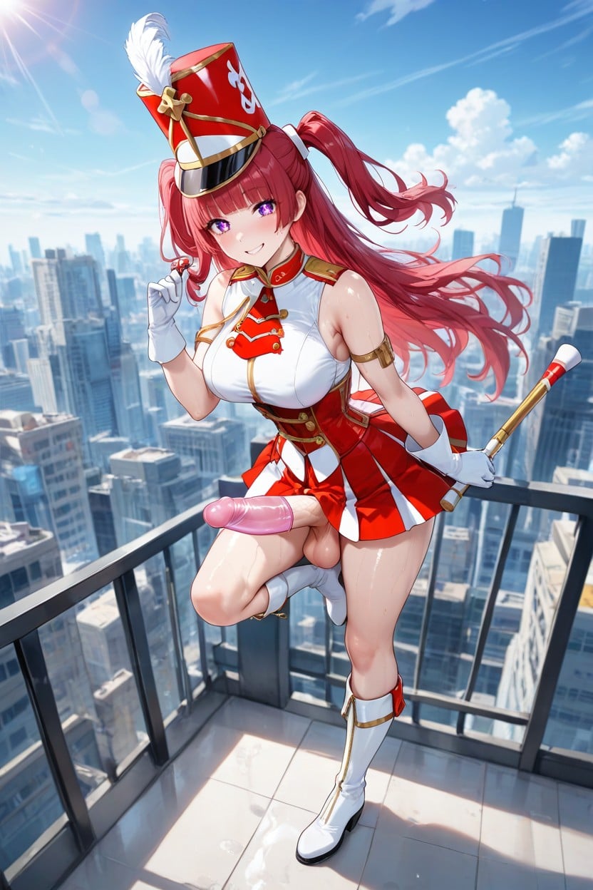 Detailed, Wearing White Sleeveless Marching Band Uniform, Oiled Skin Hentai AI Porn