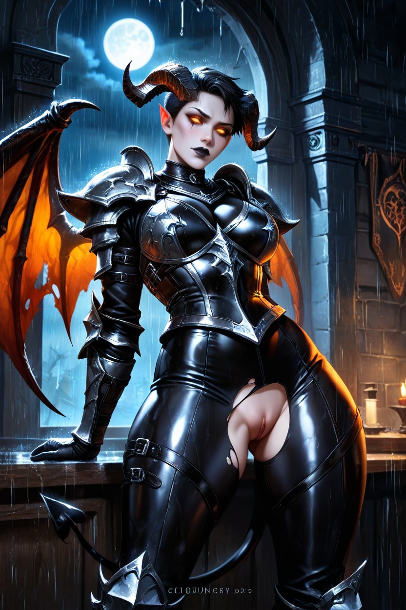 Demon Tail, Gothic Makeup, Raining AI Porn