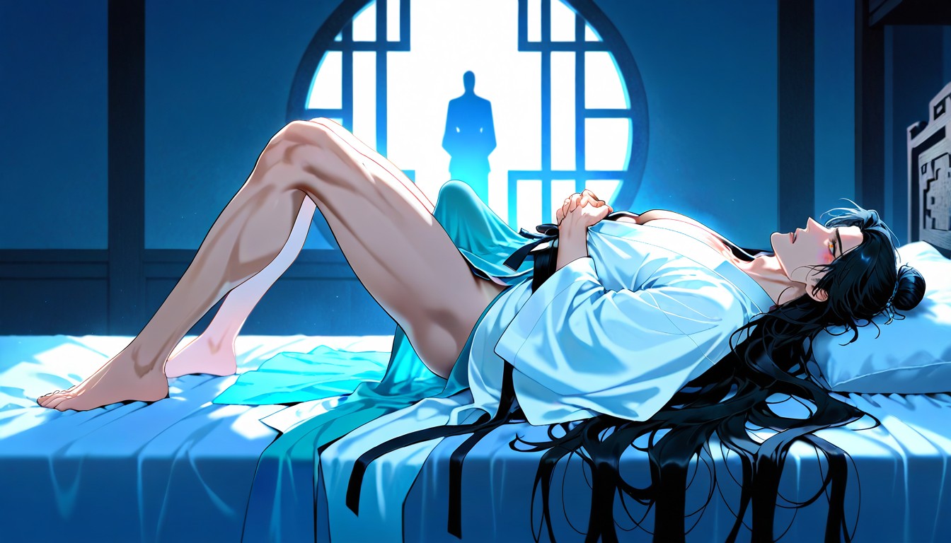 Laying On Bed, In Ancient Room, White Long Hanfu AI Gay Porn