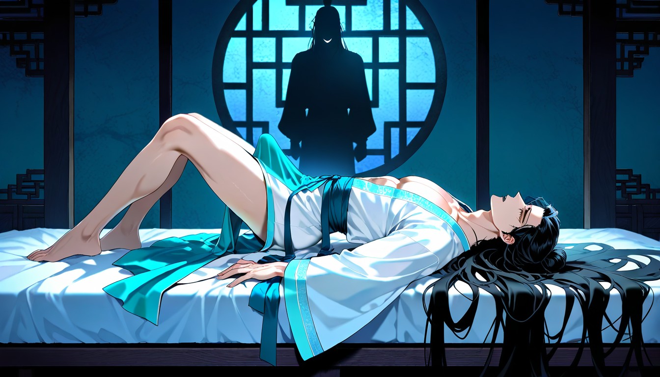 Anime Like Hair Style, Very Long Hair, Hanfu Shirt Is Hiding His Boner AI Gay Porn