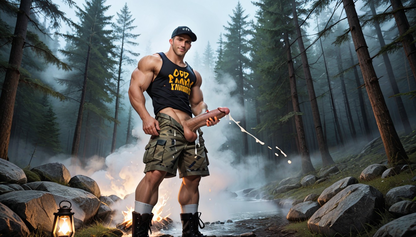 Standing In A Forest, Big Thick Vibrating Cock, Pulling Tank Top Off AI Gay Porn