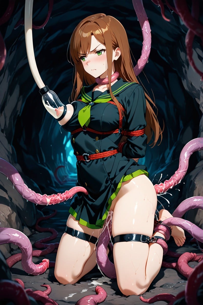 Medium Ass, Hogtied, Wearing A Black Sailor Style Dress With Bright Green Accents Hentai AI Porn