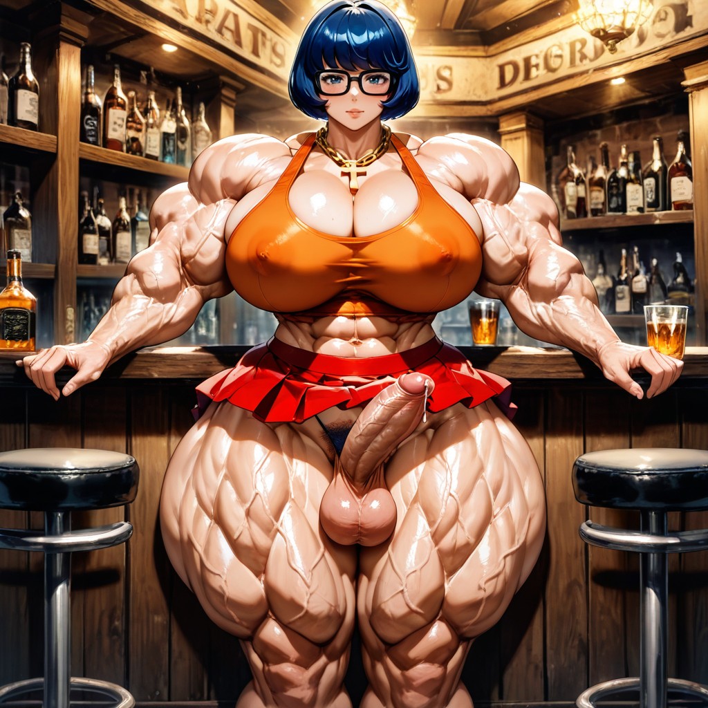 Very Skimpy Skirt, Muscular Breasts, Rounded Bimbo Breast Implants Hentai AI Porn