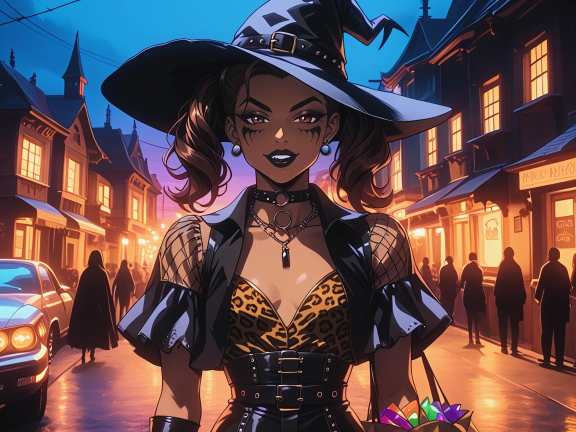 Fishnets, Woman Holding Leopard Trick Or Treat Bag, 18+ 라틴 AI 야짤