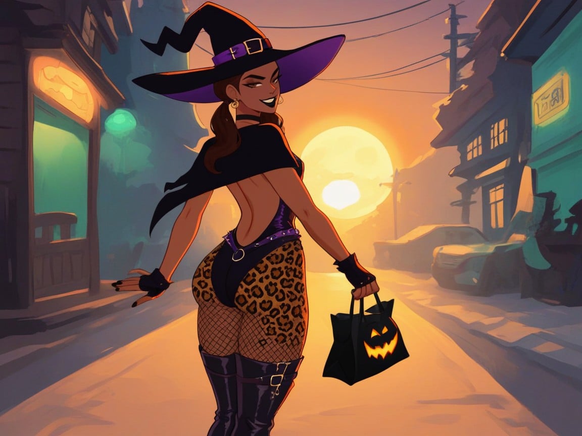 Side View, Witch, Wearing Leopard Print Black Halloween Clothes AI Porn