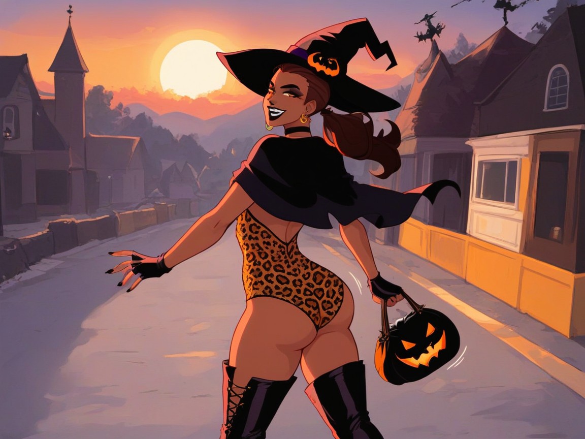 Woman Holding Leopard Trick Or Treat Bag, Witch, Leopard Print Witch Costume AI Porn