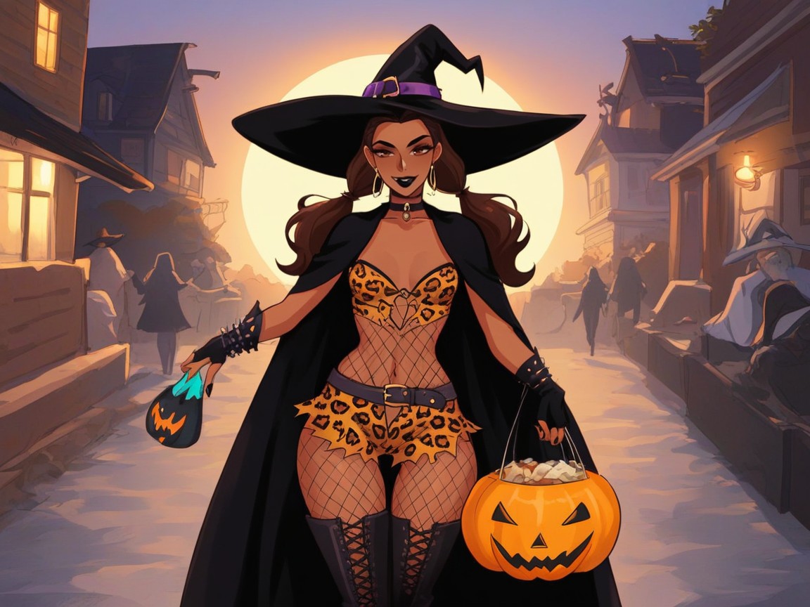Small Breasts, Fingerless Gloves, Black Leopard Halloween Face Paint AI Porn