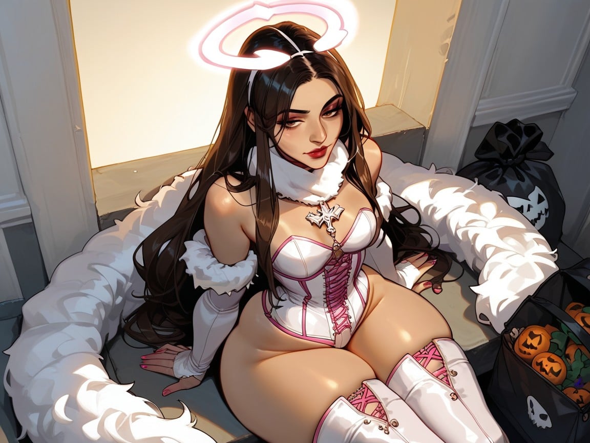 Woman Holding White Fox Trick Or Treat Bag, 18+, Angel Hentai AI Porn