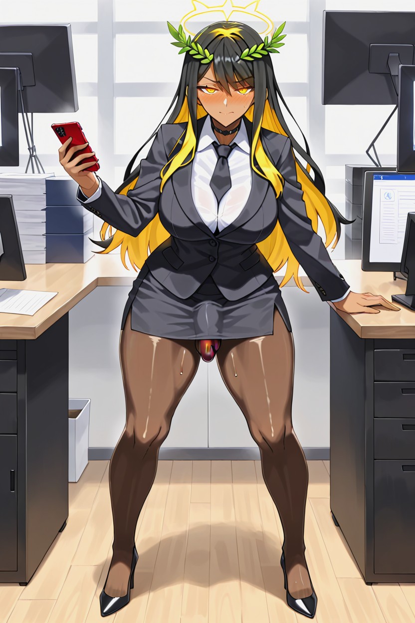 Thong Under Pencil Skirt, Emphasis Lines, Bronze Tan Skin Shemale AI Porn
