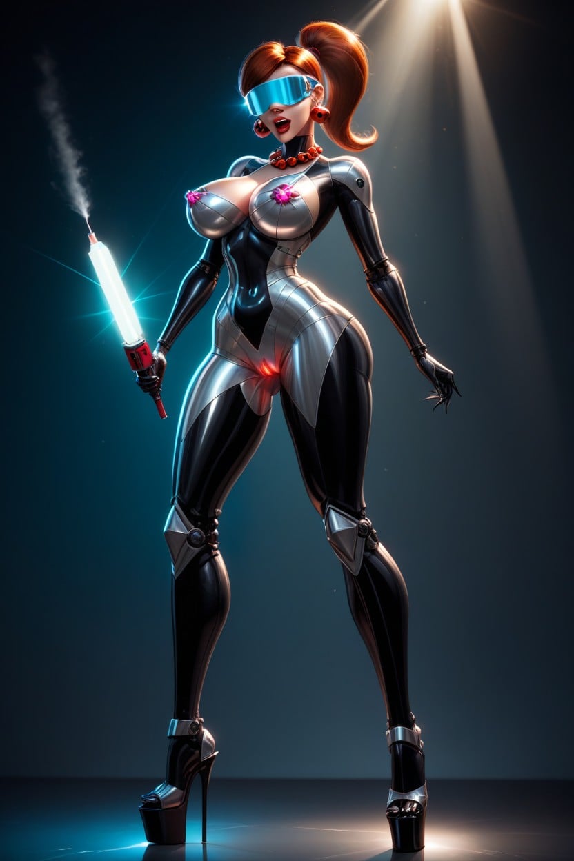 Extended Long Eyelashes, Metallic Robot Penis Attached With Metallic Pussy, Shiny Diamond Earrings And Necklace AI Porn
