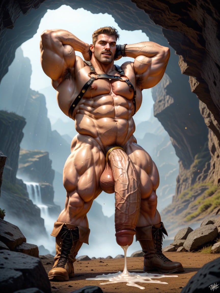 Barbarian Giant Growing Male Bodybuilder, Hdr, Seductive Orgasm Expression AI Gay Porn