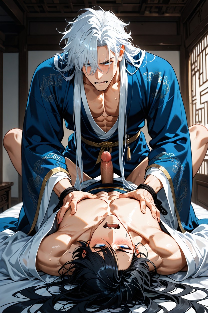 Open Shirt, Black Haired Red Eyed Man On Bottom, Chinese Hanfu AI Gay Porn