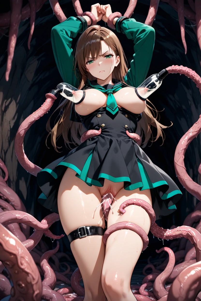 Front View, Green Trim On Collar And Sleeve Edges, Arms Up Hentai AI Porn