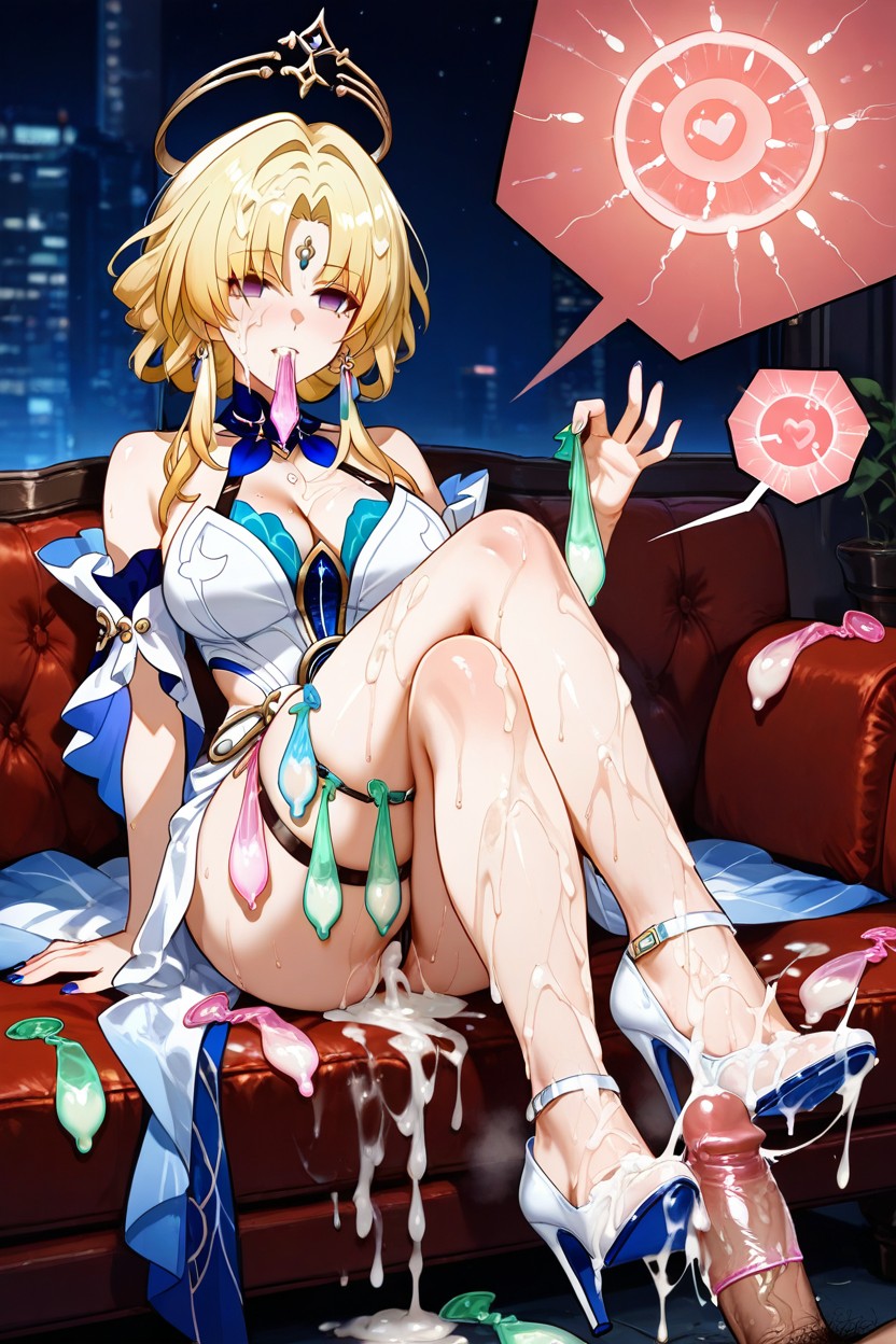 Medium Breast, Holding Many Used Condom In Mouth, Semen Soaked High Heels Hentai AI Porn