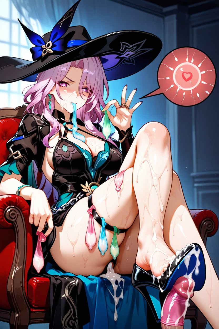 Long Pink Purple Hair, Sitting, Cum On Hair Hentai AI Porn