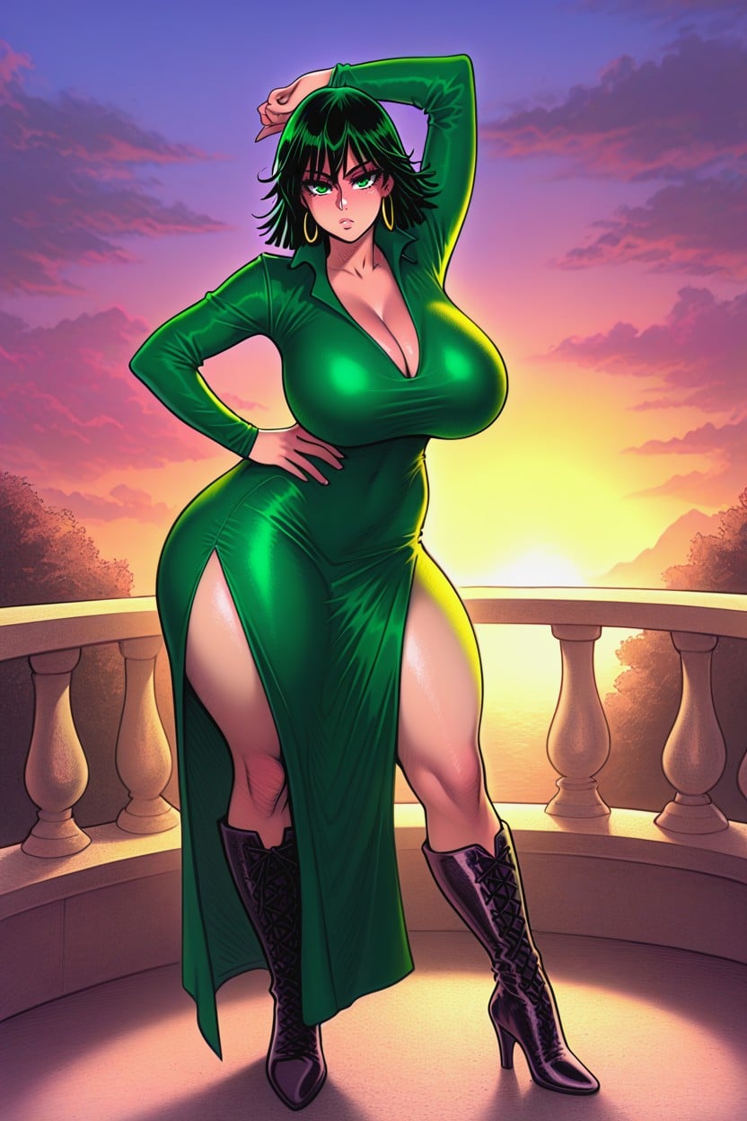 Green Eyes, Sunset, Colossal Sagging Breasts Hentai AI Porn